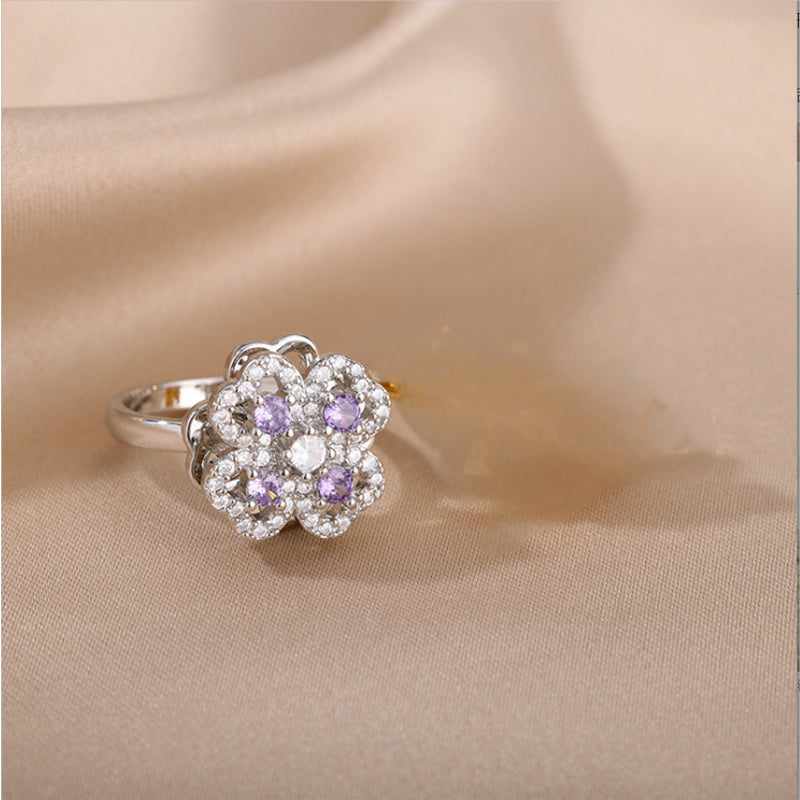 Luxury Zircon Adjustable Ring for Women | Stainless Steel Four-Leaf Clover Jewelry