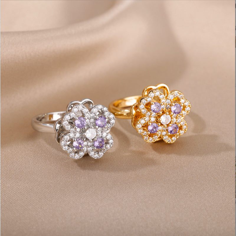 Luxury Zircon Adjustable Ring for Women | Stainless Steel Four-Leaf Clover Jewelry
