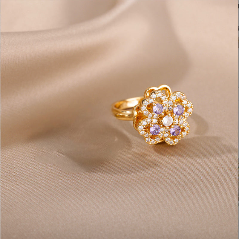Luxury Zircon Adjustable Ring for Women | Stainless Steel Four-Leaf Clover Jewelry