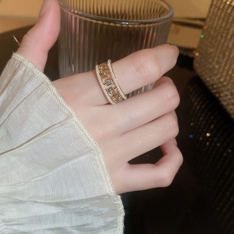Women's Pearl Zircon Open Ring | Elegant Geometric Gold Copper Jewelry