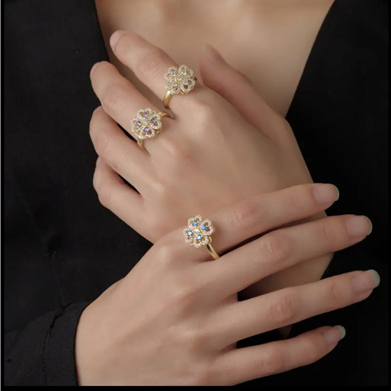 Luxury Zircon Adjustable Ring for Women | Stainless Steel Four-Leaf Clover Jewelry