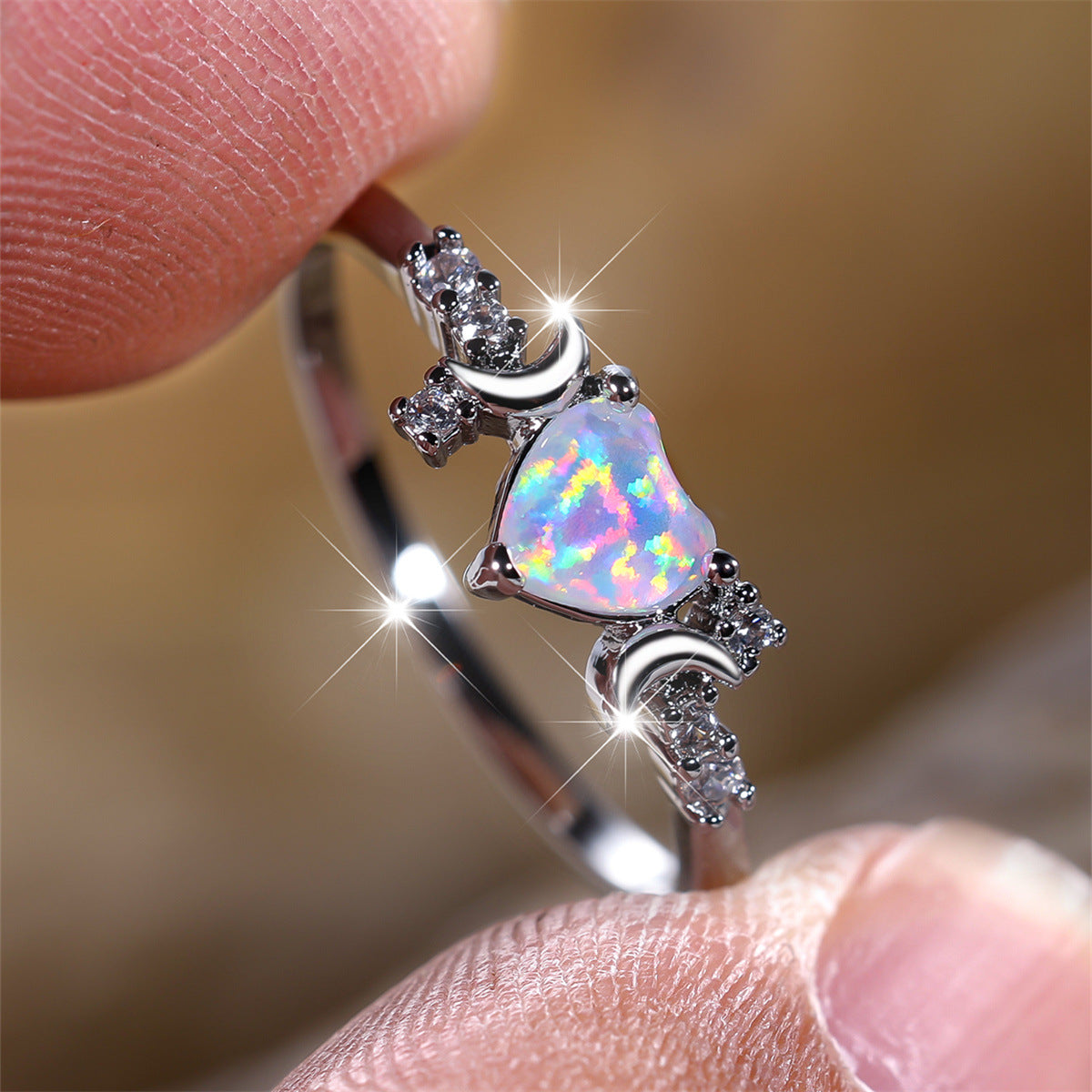 Women's Moon Three-Claw Opal Ring | Platinum White Copper Jewelry Sizes 6–10
