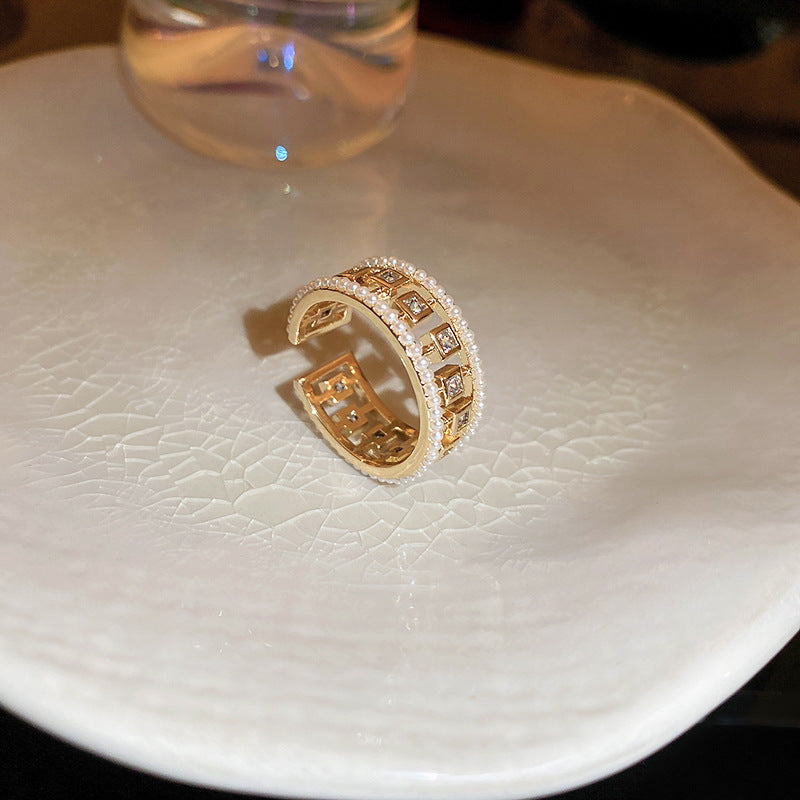 Women's Pearl Zircon Open Ring | Elegant Geometric Gold Copper Jewelry