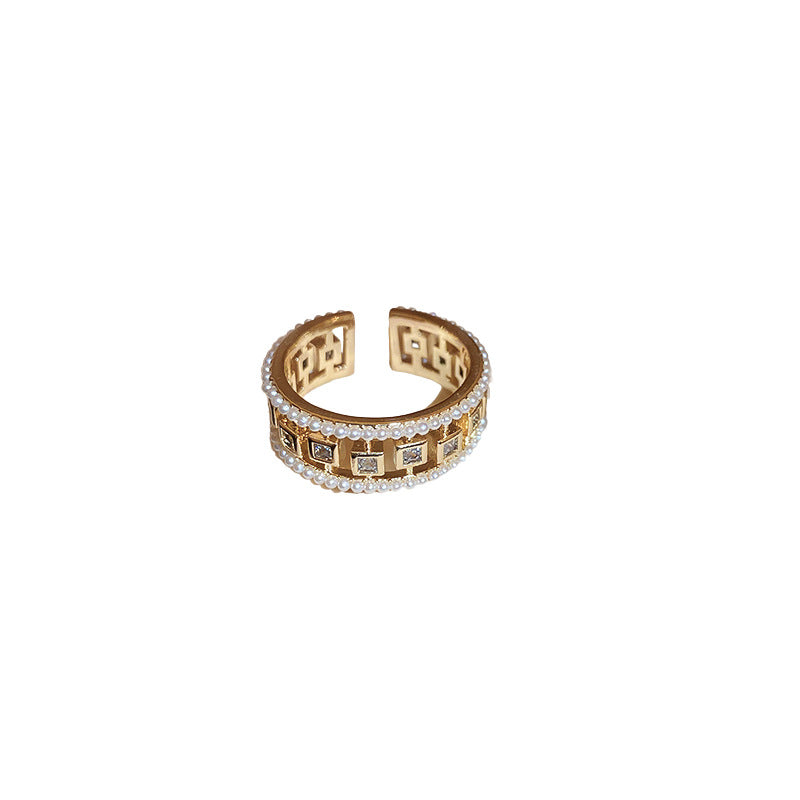 Women's Pearl Zircon Open Ring | Elegant Geometric Gold Copper Jewelry