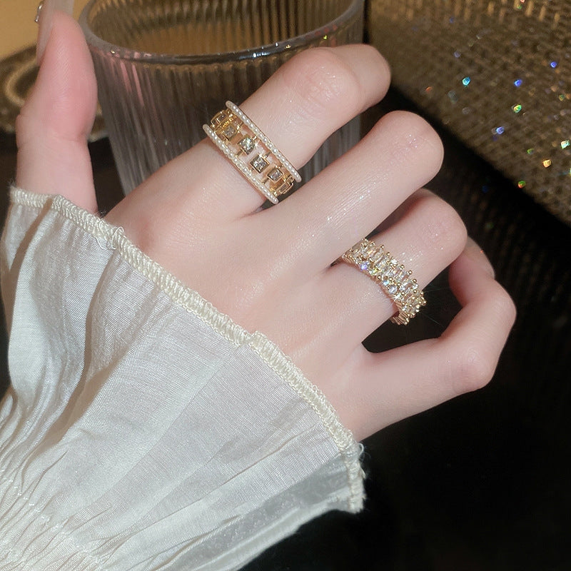 Women's Pearl Zircon Open Ring | Elegant Geometric Gold Copper Jewelry