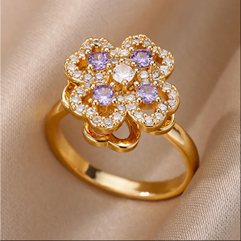 Luxury Zircon Adjustable Ring for Women | Stainless Steel Four-Leaf Clover Jewelry
