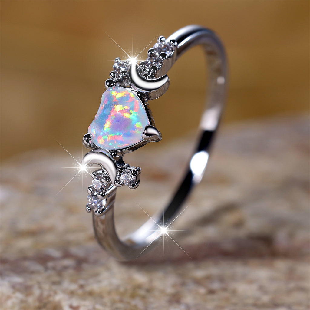 Women's Moon Three-Claw Opal Ring | Platinum White Copper Jewelry Sizes 6–10