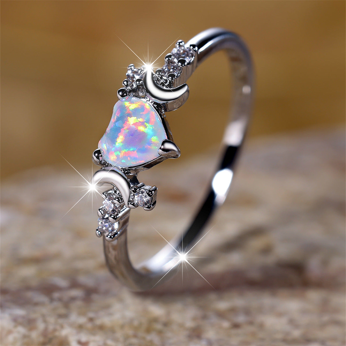 Women's Moon Three-Claw Opal Ring | Platinum White Copper Jewelry Sizes 6–10