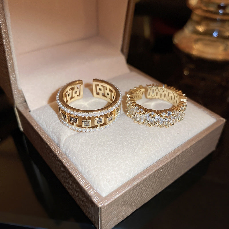 Women's Pearl Zircon Open Ring | Elegant Geometric Gold Copper Jewelry