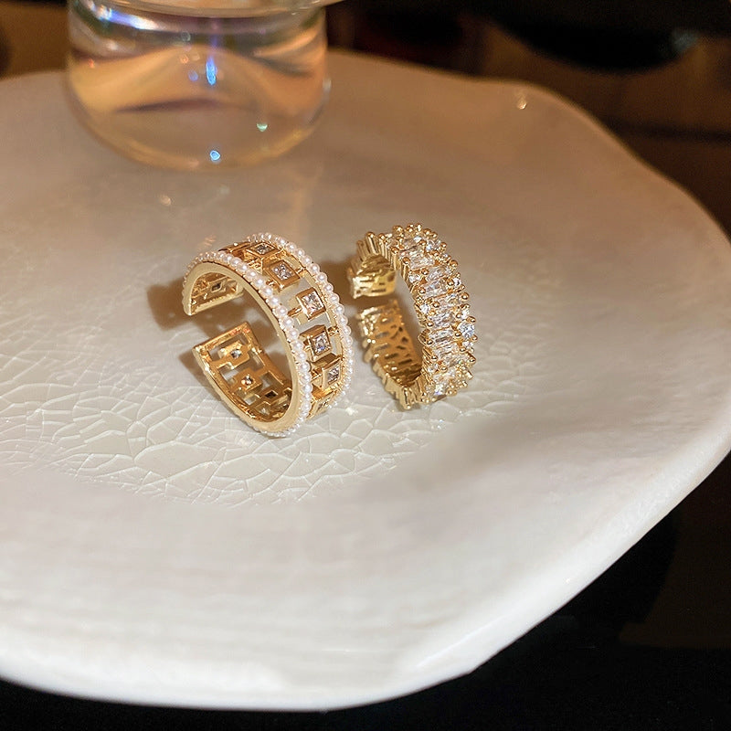 Women's Pearl Zircon Open Ring | Elegant Geometric Gold Copper Jewelry